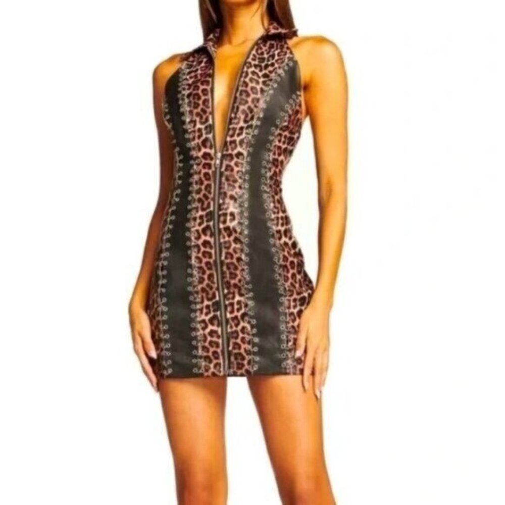 I.AM.GIA Amira Halter Dress S Leopard Print Black Faux Leather Punk Clubwear